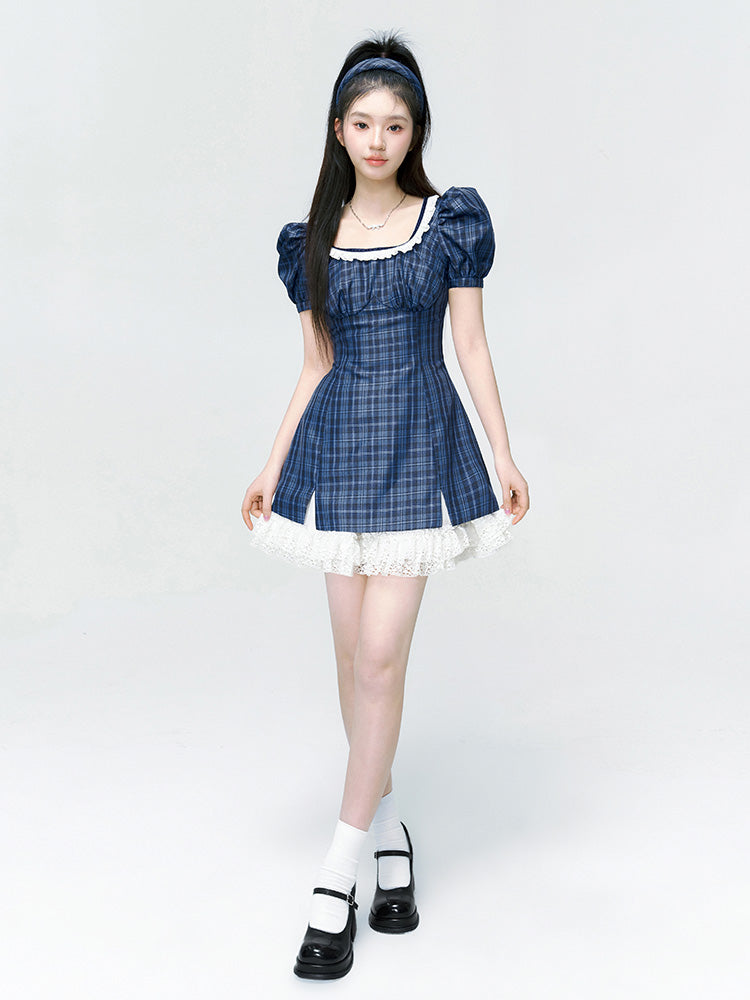 Puff-sleeves Lace Girly Checked One-piece