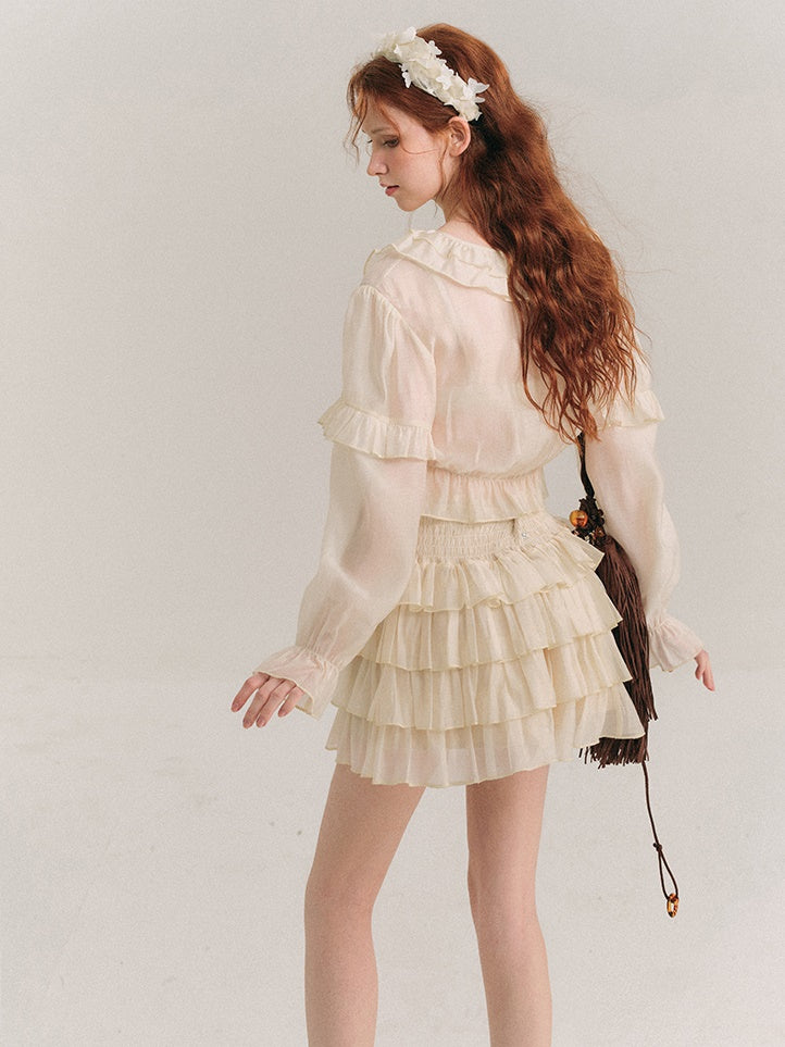 Shimmer Frill Collar Shirt ＆ Fluffy Cake Skirt