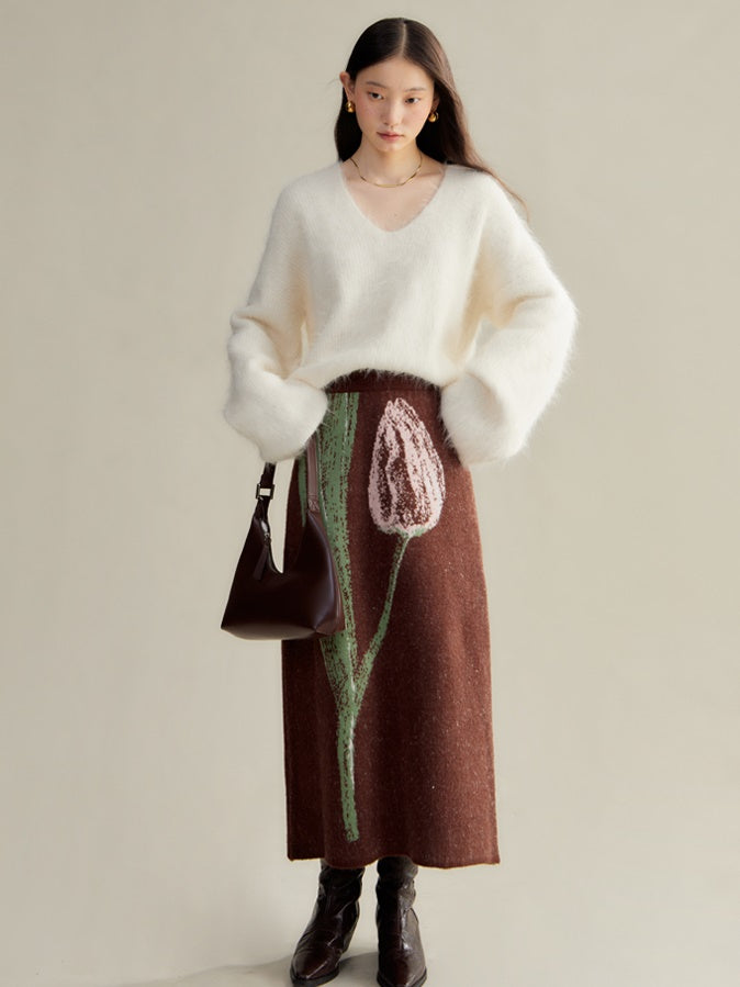 Tulip Contrasting Color Knitted Cardigan &amp; Skirt