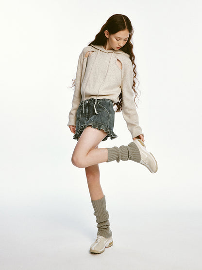 Sporty Cut-out Design Knitted Hoodie &amp; Short Pants