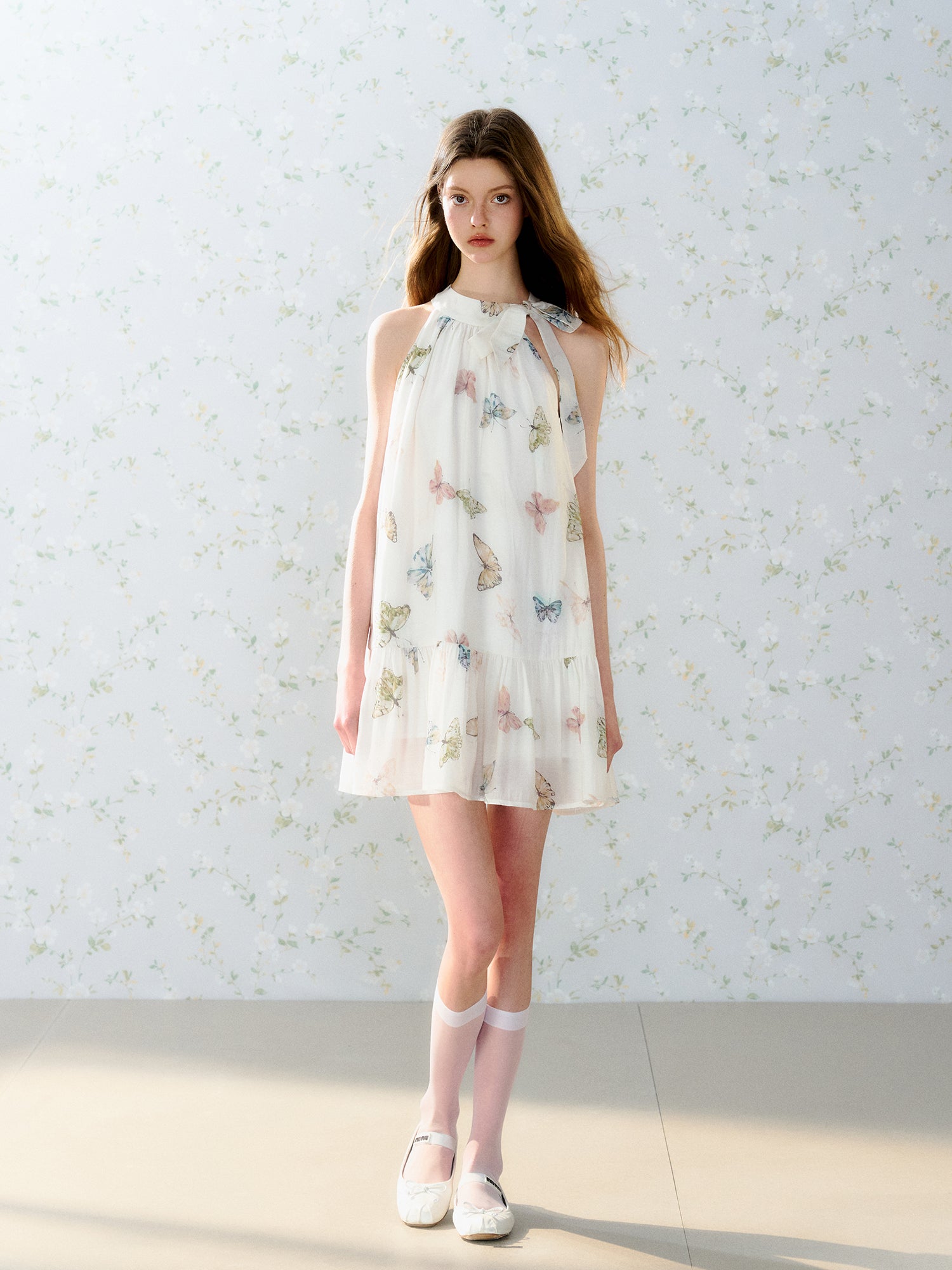 Butterfly Print American Sleeve Swing Doll One-piece