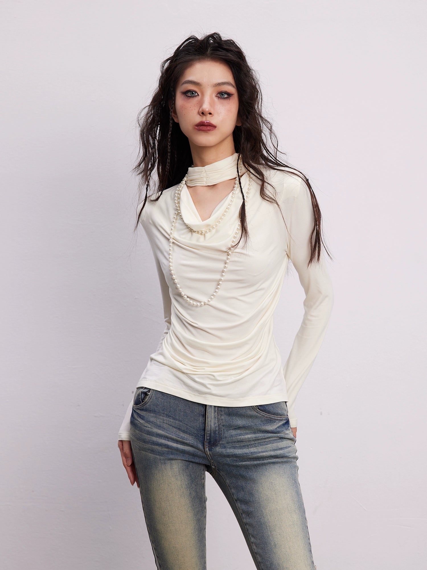 Swing Collar Choker Drape Knitted Bottoming Shirt