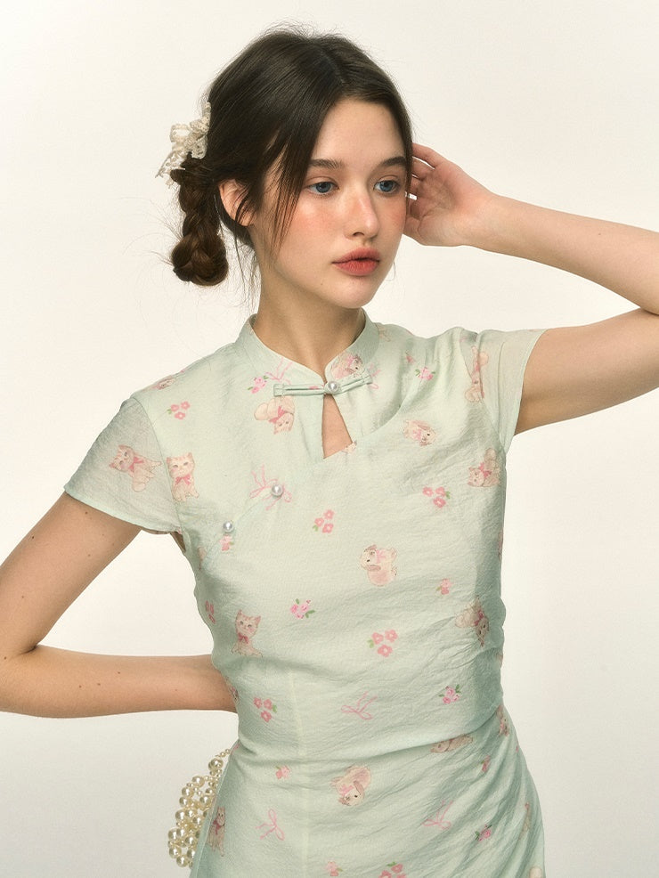 Rabbit And Cat Print Chinese One-piece