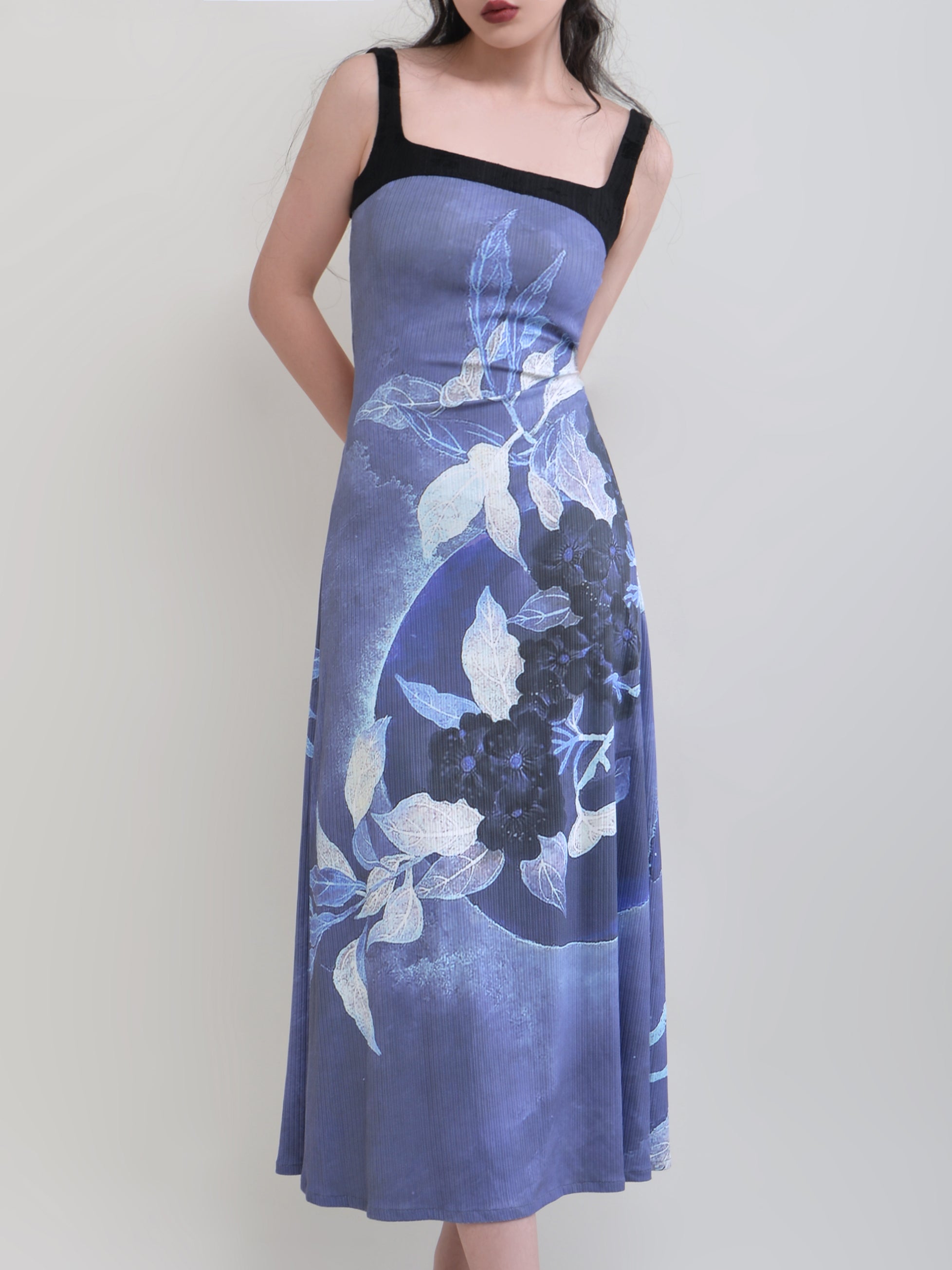 Chinese Style Printing Backless Bow Sleeveless Dress