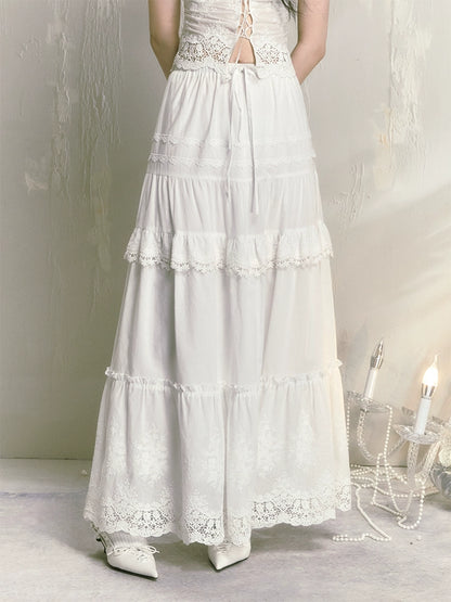 Lace Stitching Lace-Up Slim Camisole &amp; Frill Tiered Long Skirt