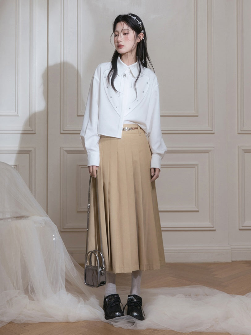 Leather Buckle Pleated Long Skirt