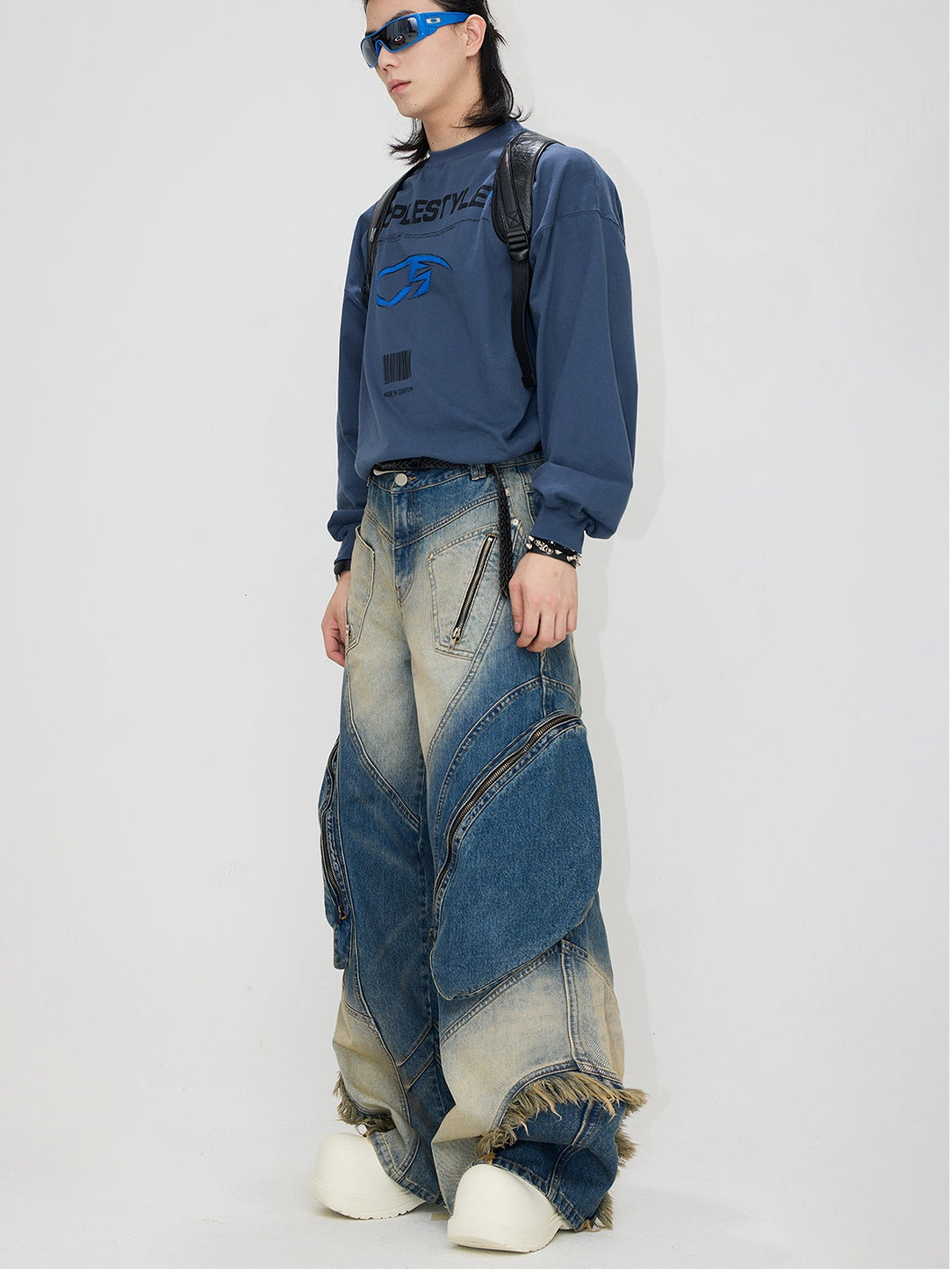 Special-shaped Structure Pocket Bleached Dyed Loose Jeans