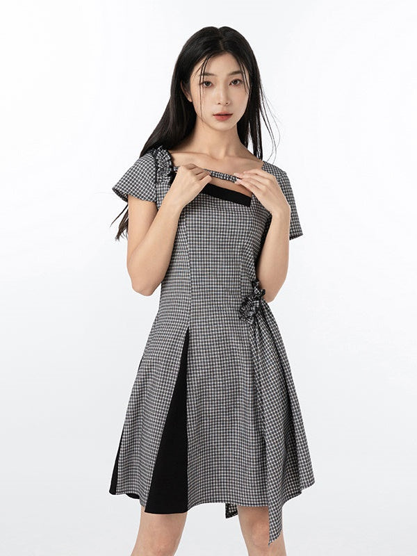 Ruffled Square Collar Plaid French One-piece