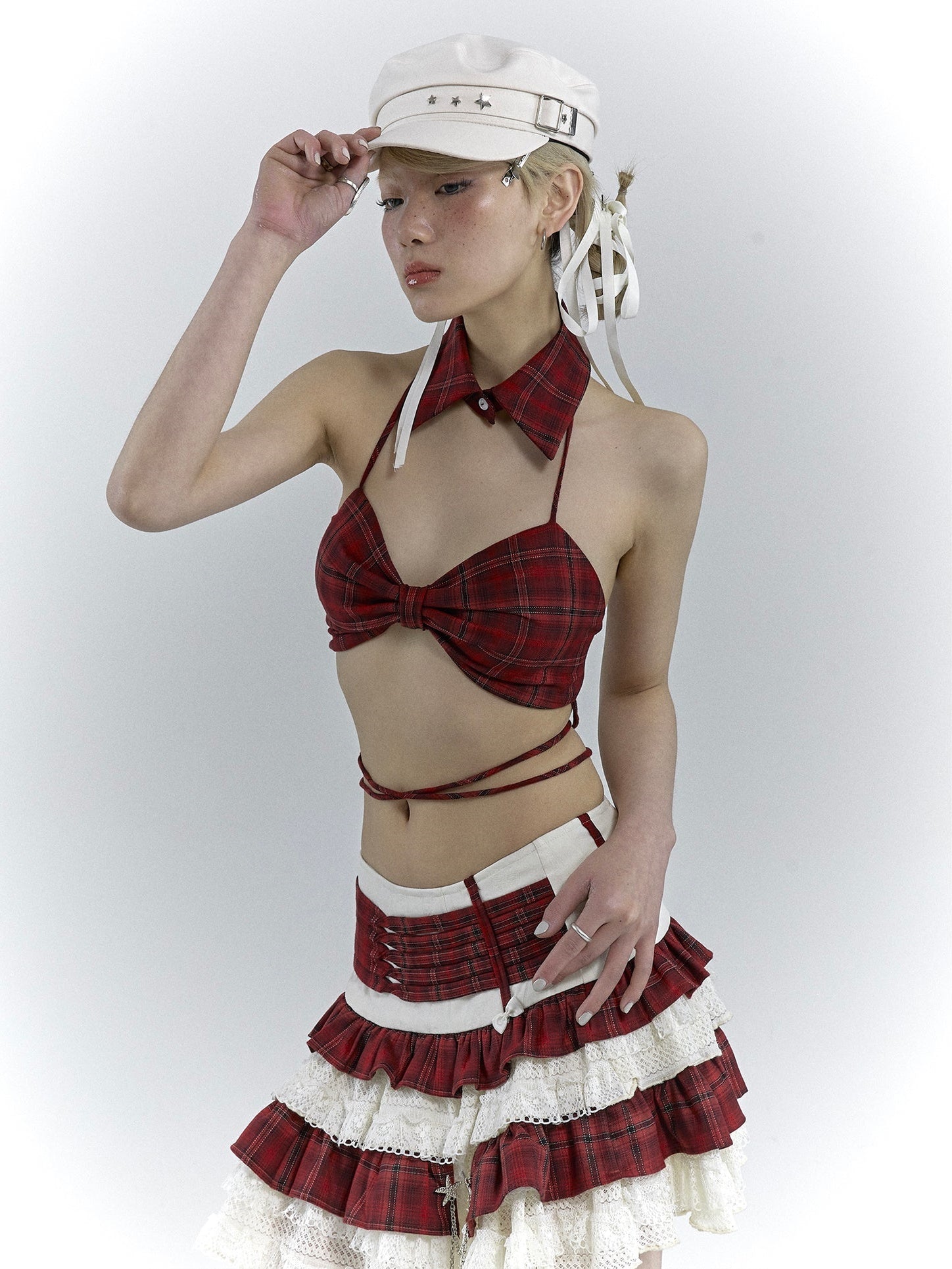 PLAID BOW STRAP BRA TOP