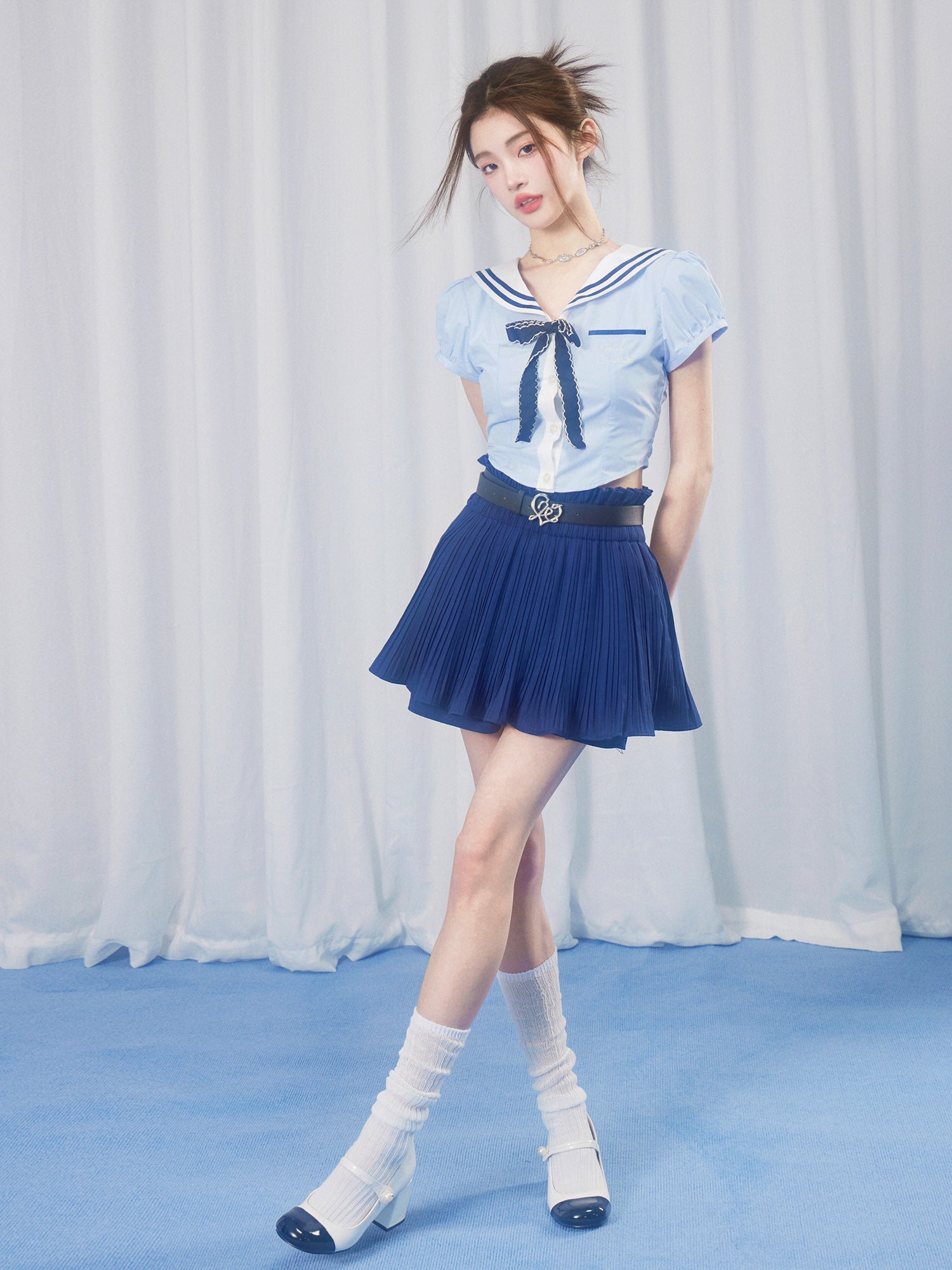 School Girl Puff Sleeve Top &amp; Pleated Skirt