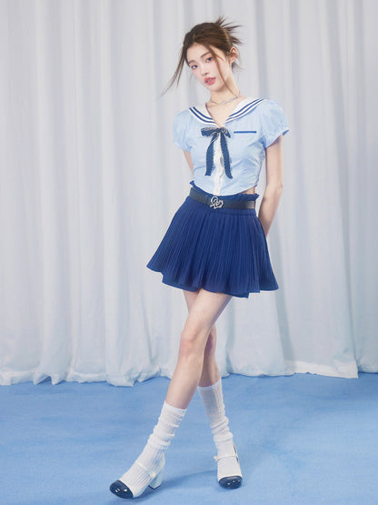 School Girl Puff Sleeve Top &amp; Pleated Skirt