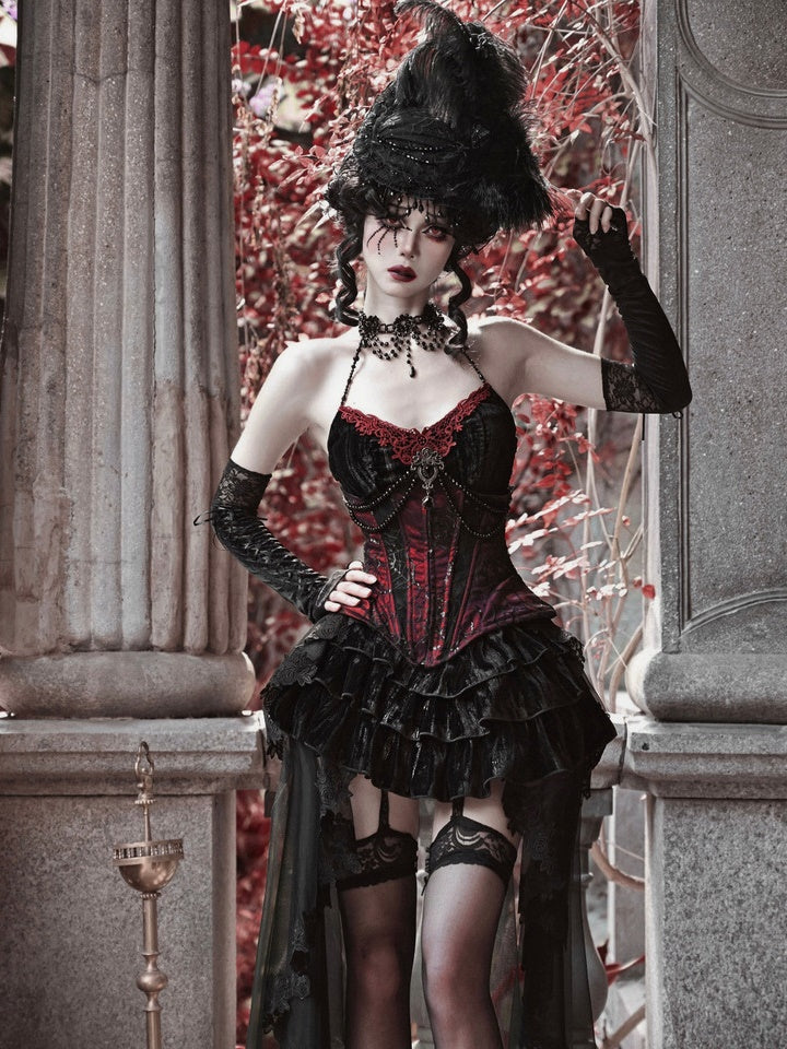 Gothic Velvet Fishbone Corset &amp; Bel Decoration Camisole &amp; Tulle en dentelle en velours jupe