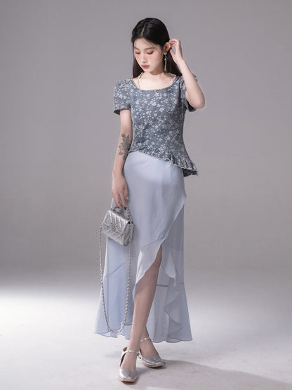 Midsummer Denim Jacquard Short-sleeved Top