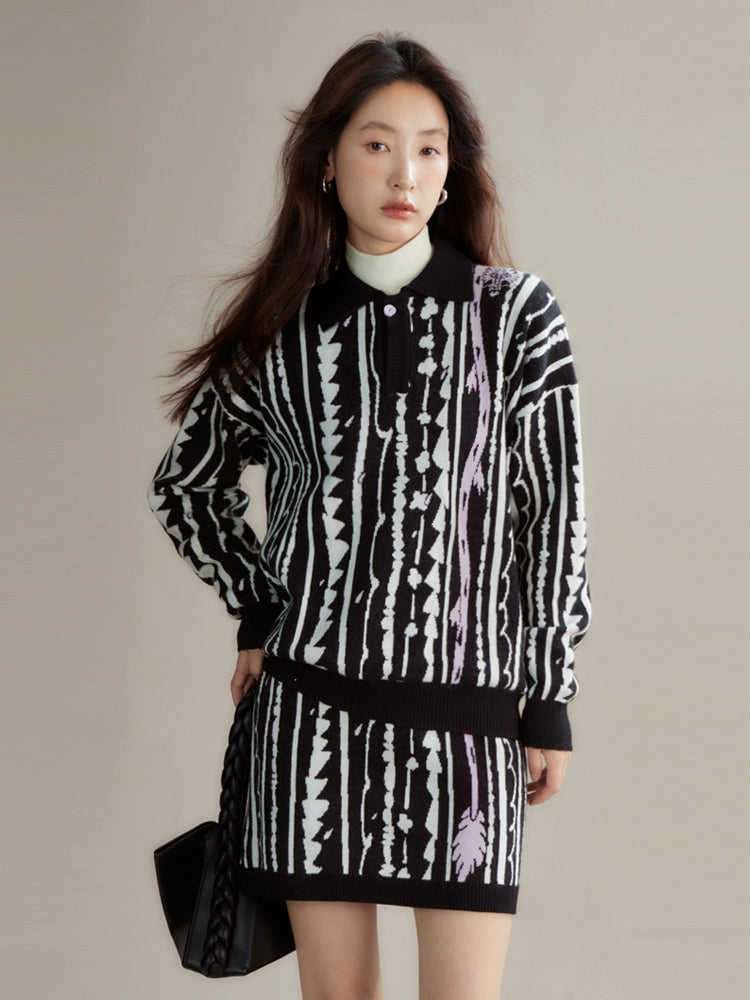 Dragon Pattern Jacquard Polo Sweater &amp; Knitted Skirt