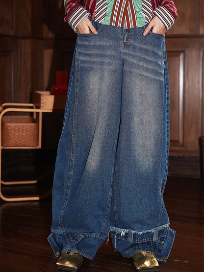 Patchwork Design Wide-leg Washed Low-rise Jeans