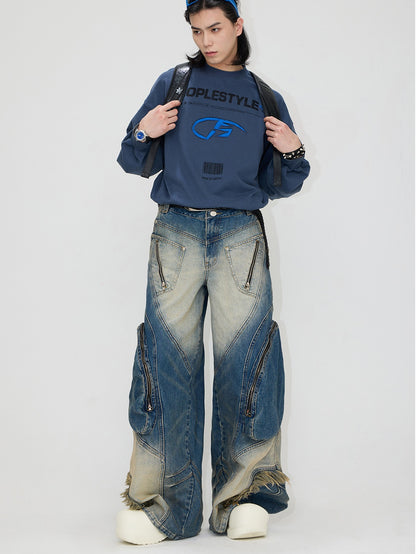 Special-shaped Structure Pocket Bleached Dyed Loose Jeans