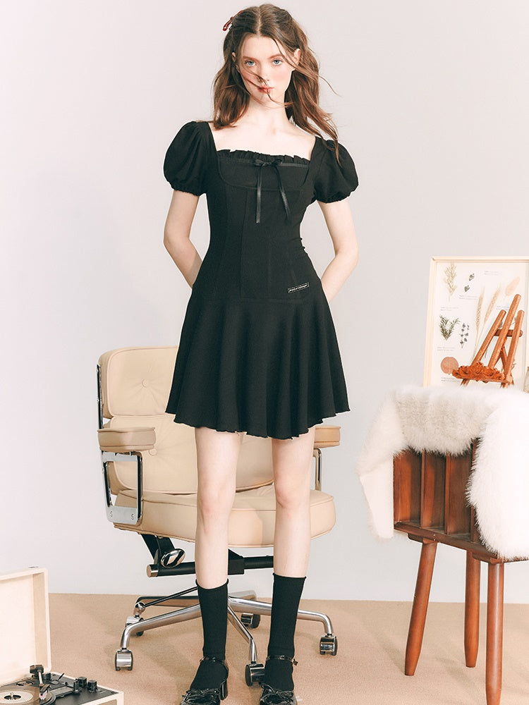 Elasticity Cut-Sew Puff Sleeves ONE-PIECE