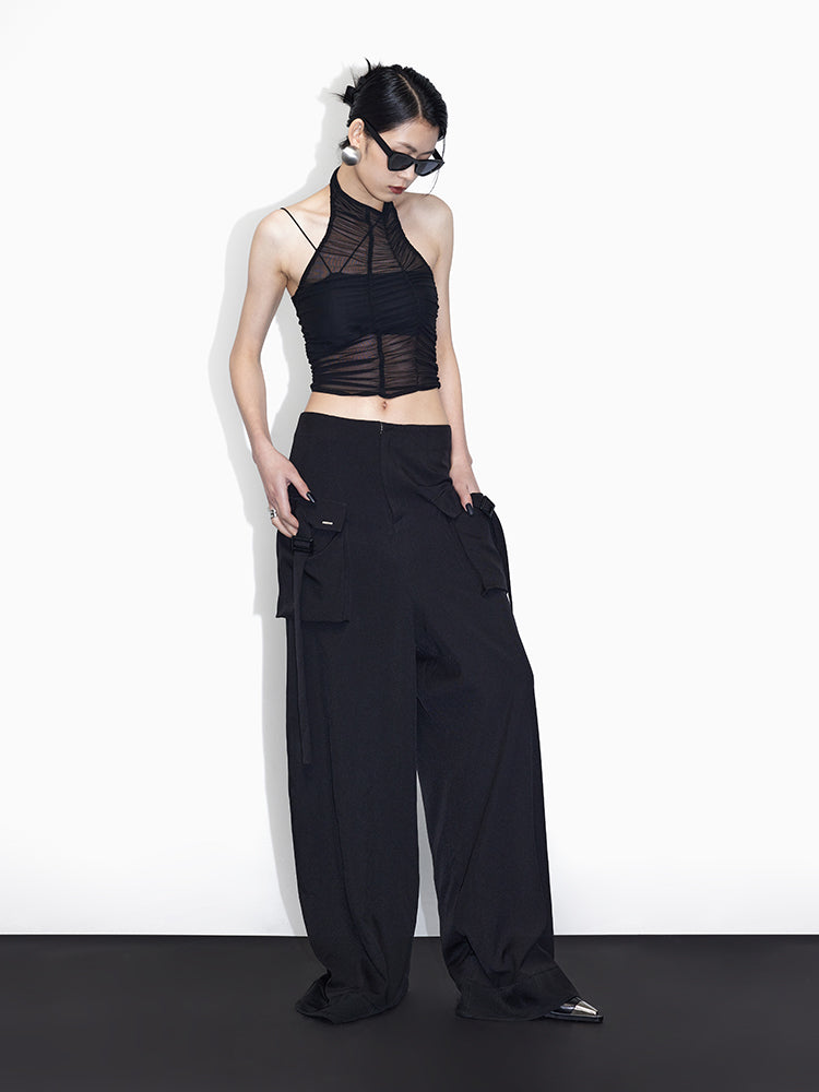 Detachable Asymmetric Sling Tube Top &amp; Gauze Pleated Tank Top Set