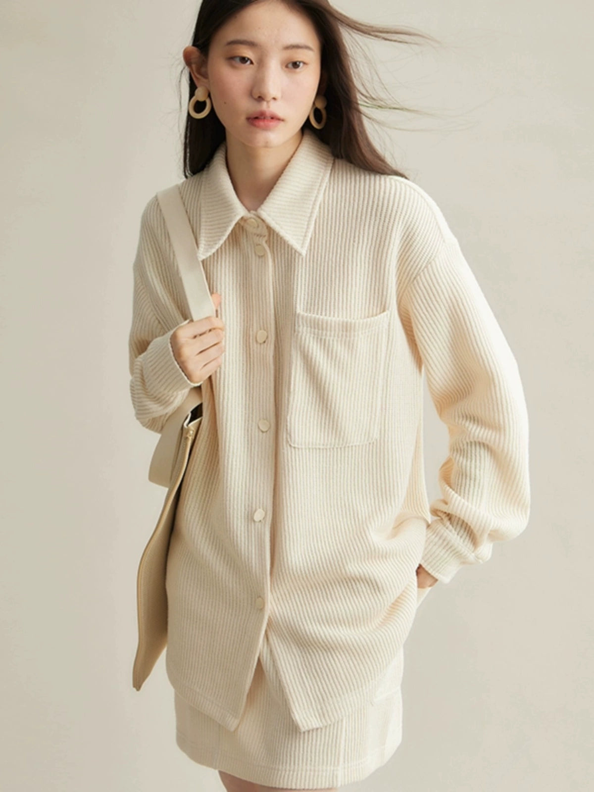 Woven Texture Casual Loose Shirt ＆ Mini Skirt