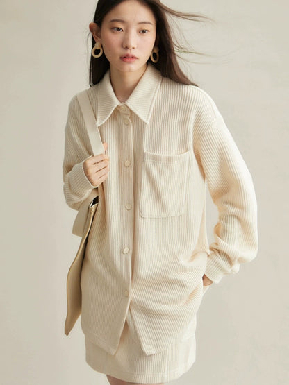 Woven Texture Casual Loose Shirt ＆ Mini Skirt