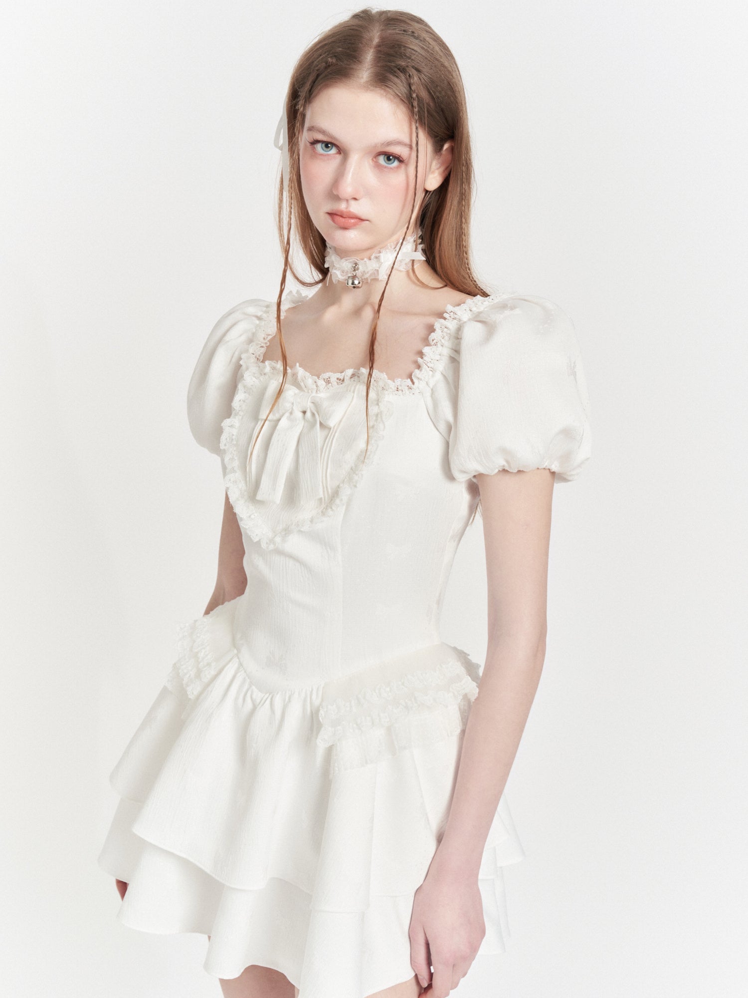 Lace Square Collar Puff Sleeve Dress