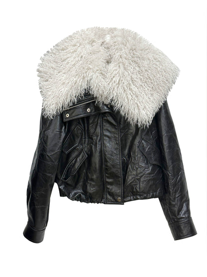 Removable Large Fur Collar Imitation Leather Jacket