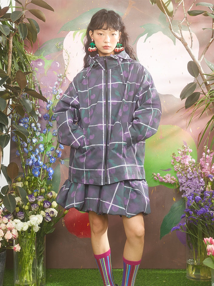 Gradient Cherry Plaid Printed Hooded Windbreaker Jacket &amp; Flower Bud Skirt