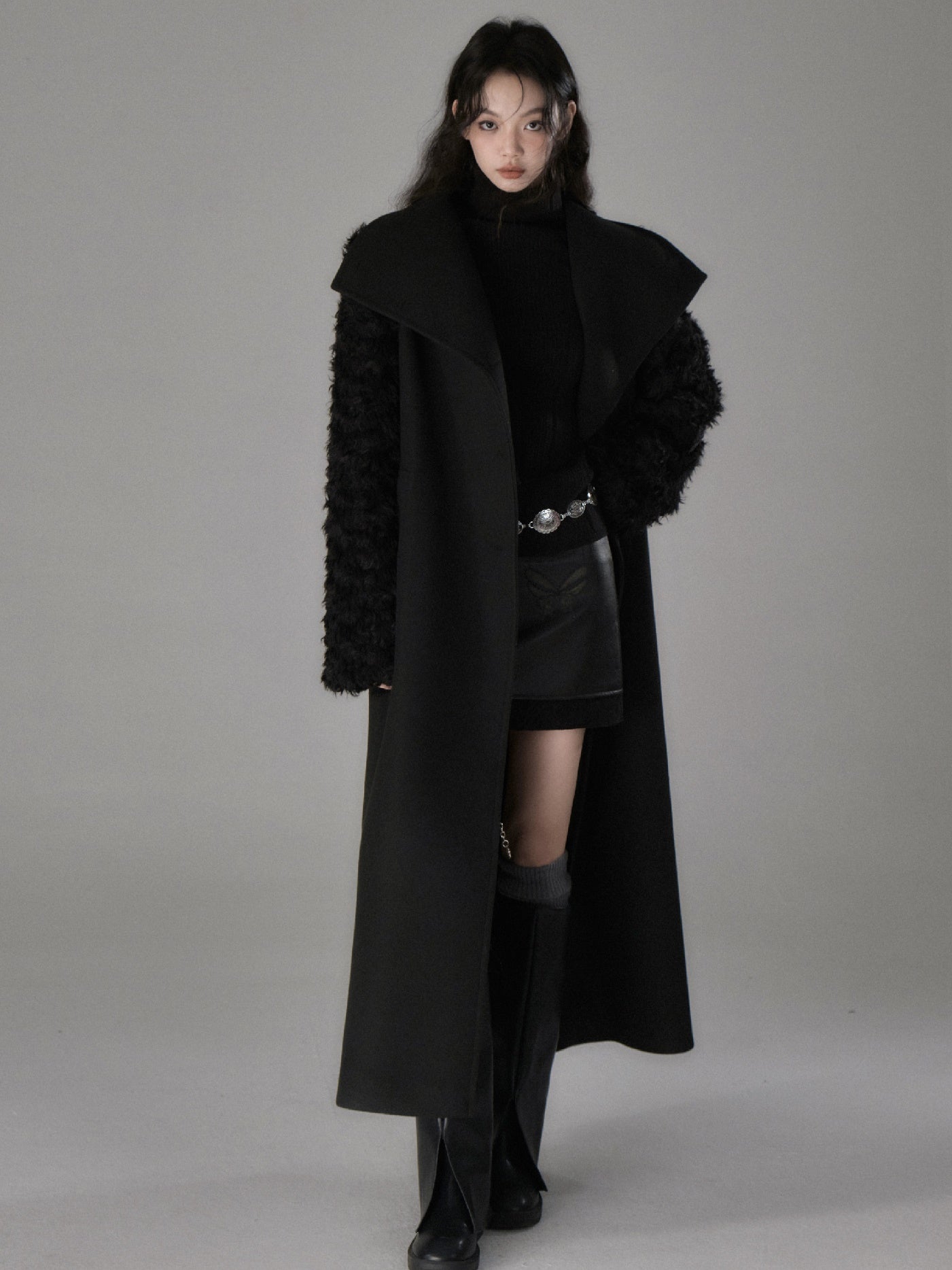 Plush Fur Sleeve Splicing Stand Collar Coat