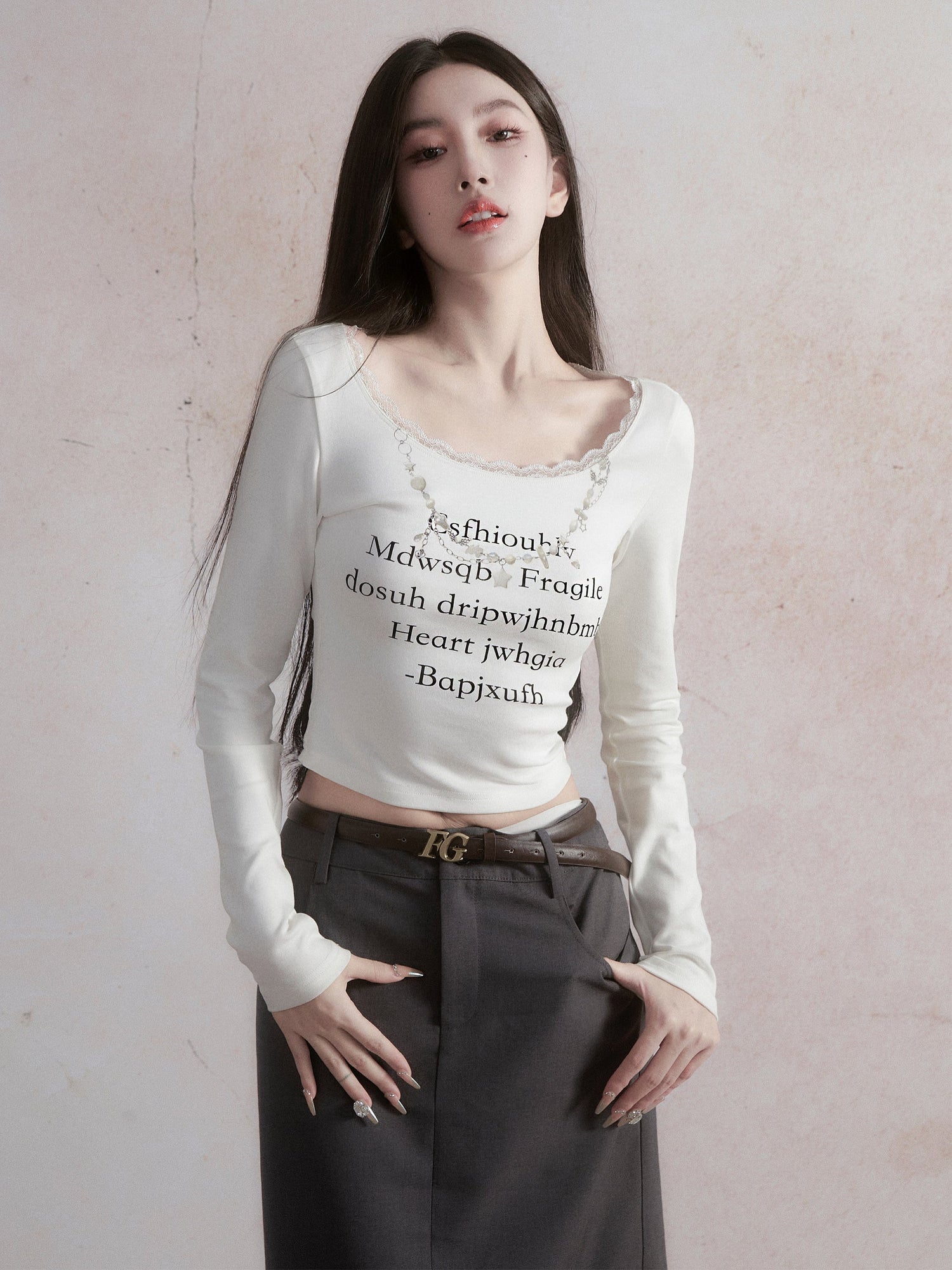 Lace Long-sleeved Lettering T-shirt &amp; Straight Skirt