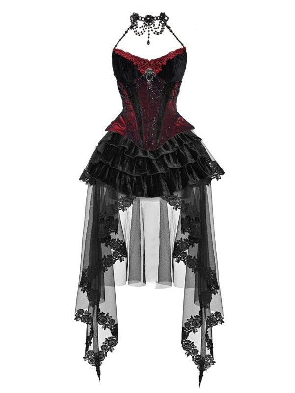 Gothic Velvet Fishbone Corset & Bead Decoration Camisole & Tulle Lace  Velvet Skirt