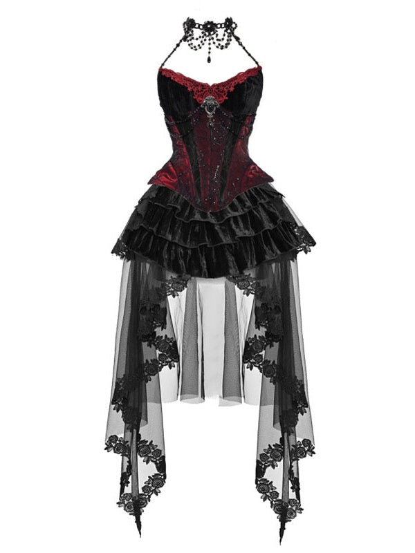 Gothic Velvet Fishbone Corset &amp; Bead Decoration Camisole &amp; Tulle Lace Velvet Skirt