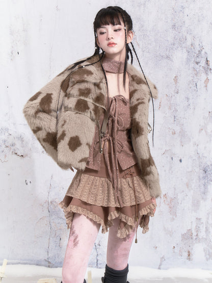 Cow Pattern Leather Buckle Fur Short Coat