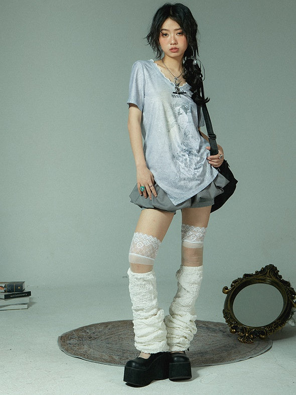 Lace Stitching Print Short-sleeved T-shirt