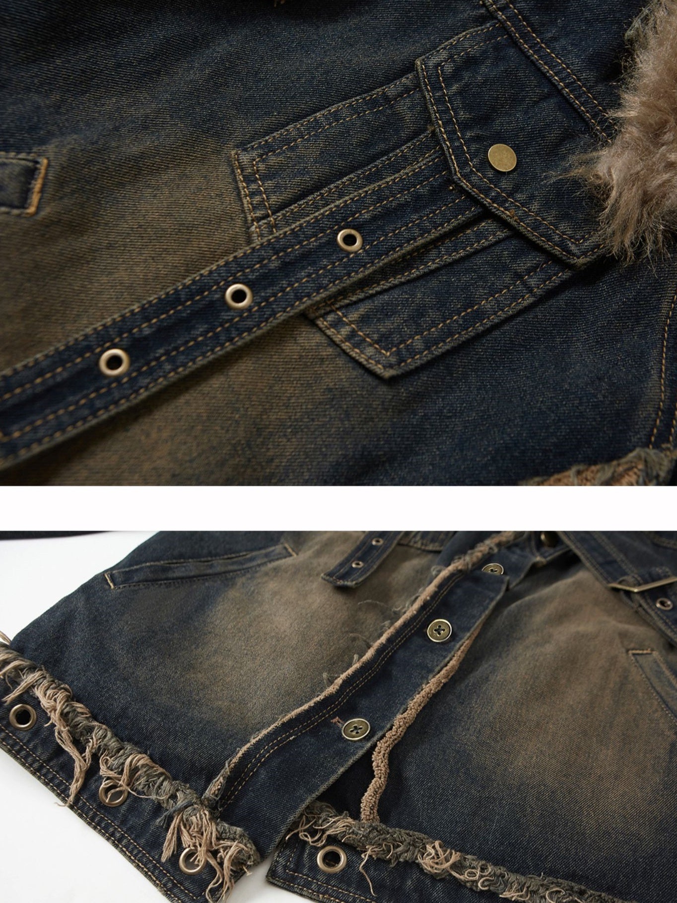 Fur Collar Washed Slant Design Strap Denim Jacket