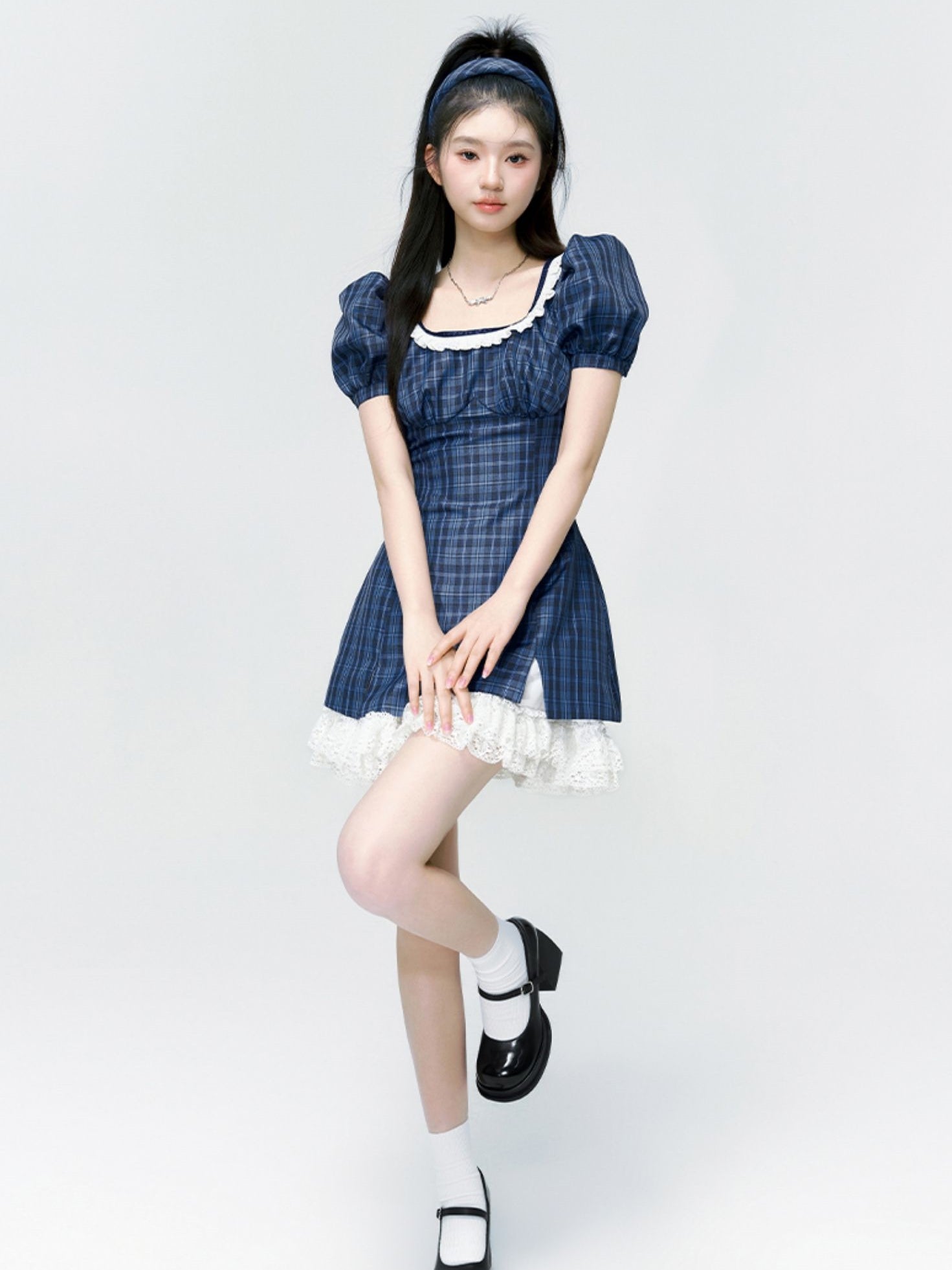 Puff-sleeves Lace Girly Checked One-piece