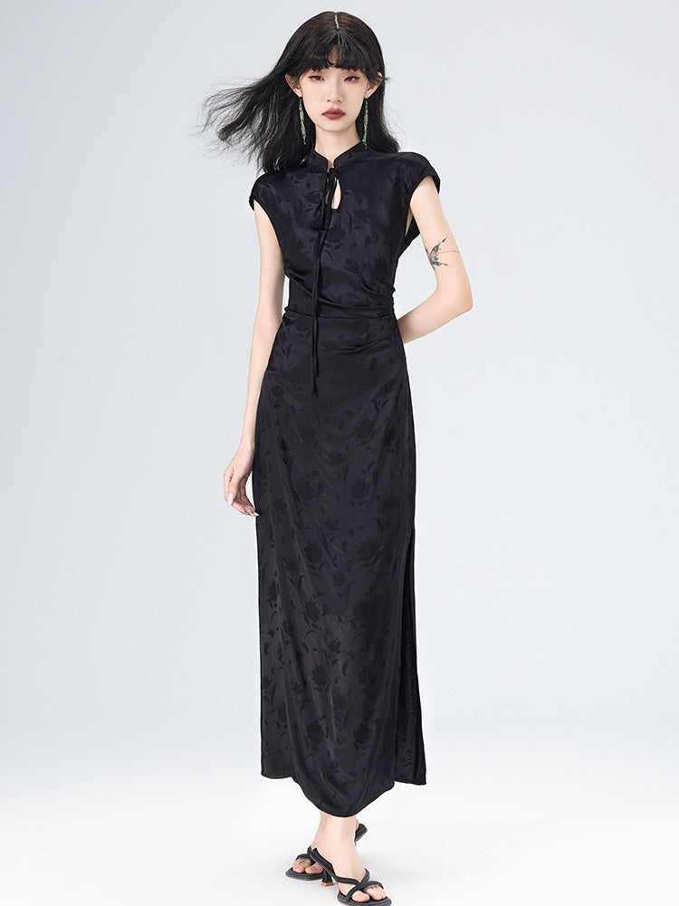 Sleeveless Side Slit Jacquard Long Dress