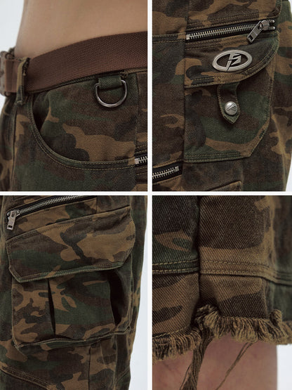 Camouflage Raw Edge Straight Work Cropped Pants