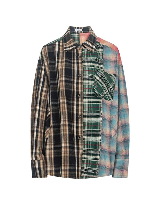 Loose Niche Design Contrasting Plaid Splicing Shirt