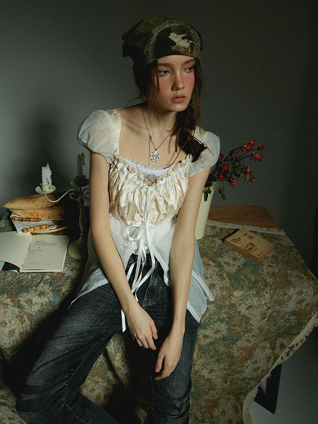 Retro Satin Stitching Tulle Shirt