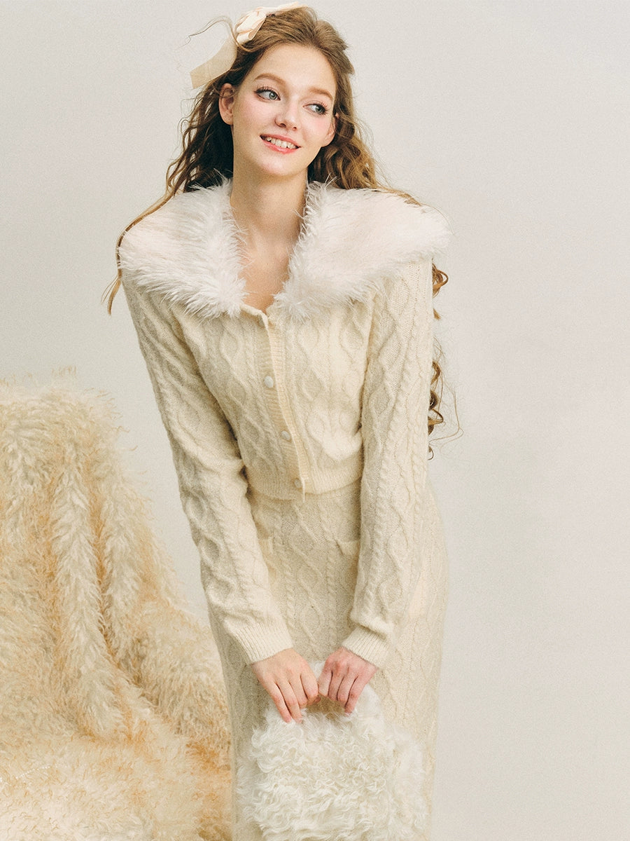 Fur Collar Twist Knitted Cardigan ＆ Long Skirt