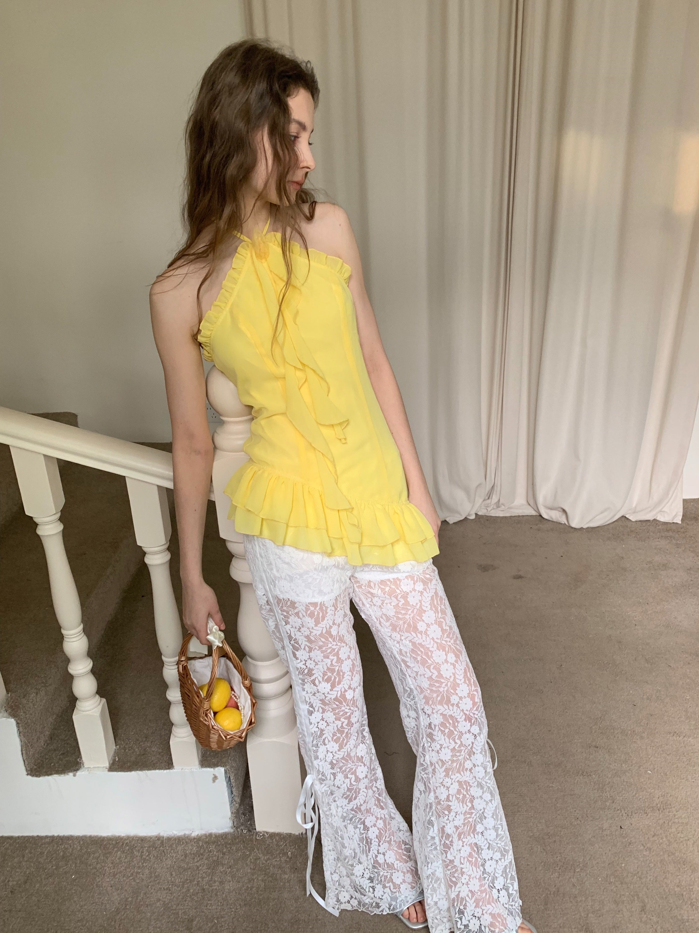 Lace Mesh Cut-out Flared Pants