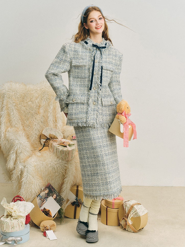 Loose Silhouette Tweed No-Collar Jacket ＆ Mid-Length Skirt