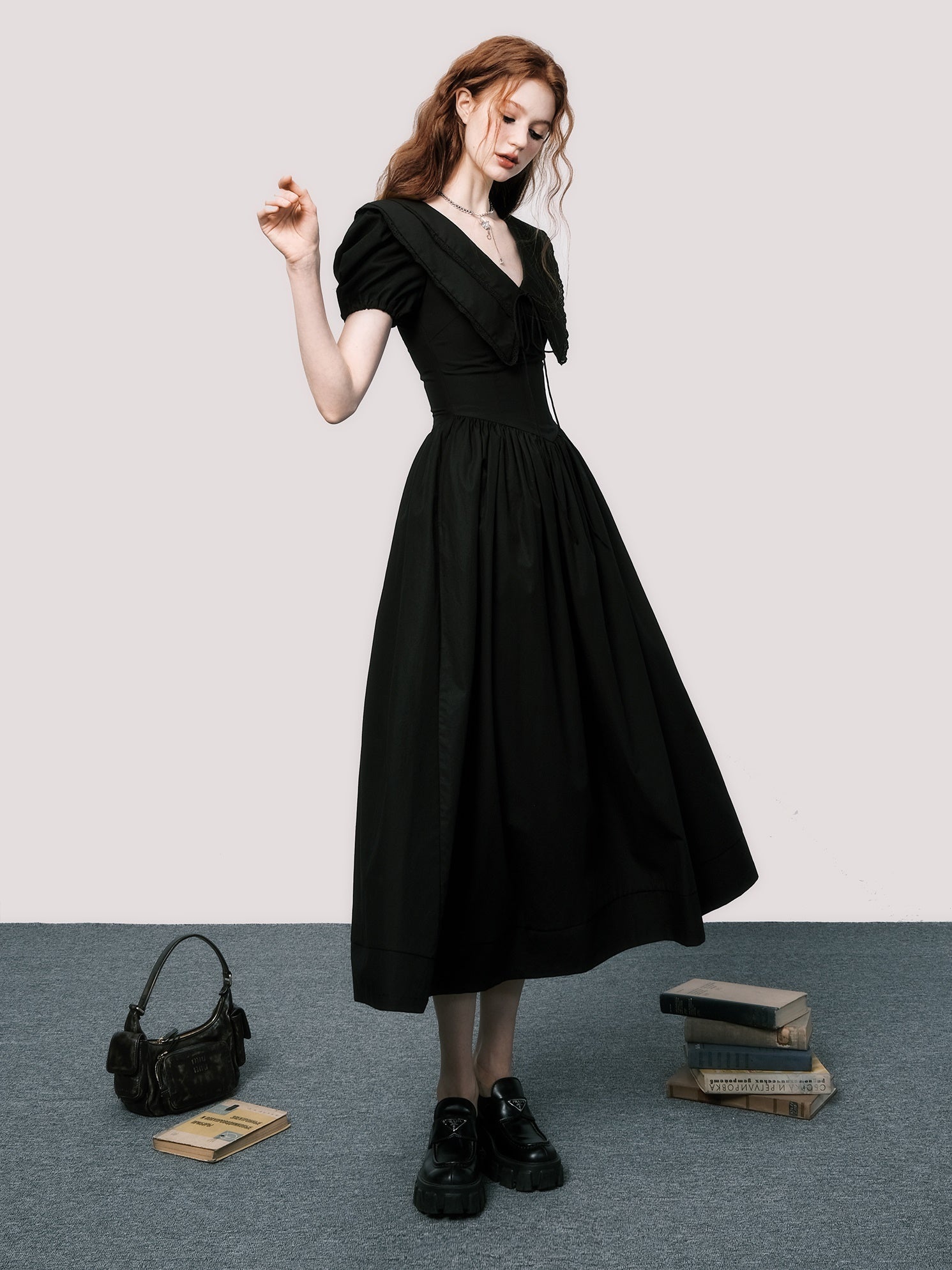 V-neck Puff Sleeve Black Dress