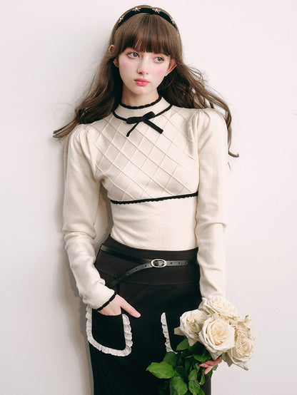 Bottle-neck Puff Sleeve Knitted Top