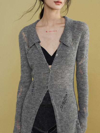 Mohair Ripped Shirt Style Cardigan