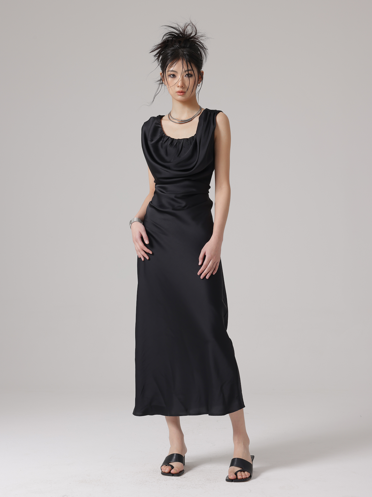 Pleated Stack Collar Waist Shape Long Dress