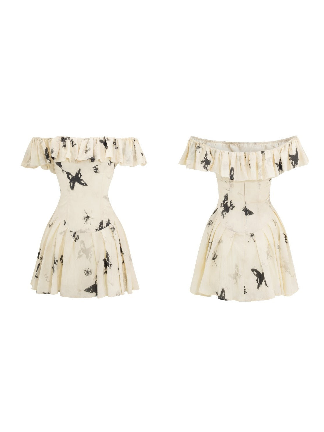 Butterfly Print Ruffle Off-shoulder Dress