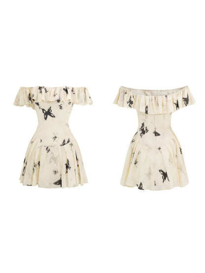 Butterfly Print Ruffle Off-shoulder Dress