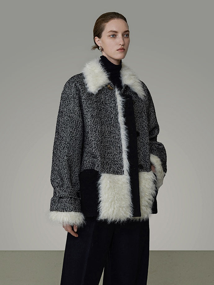 Fur Collar Splicing Herringbone Short Coat