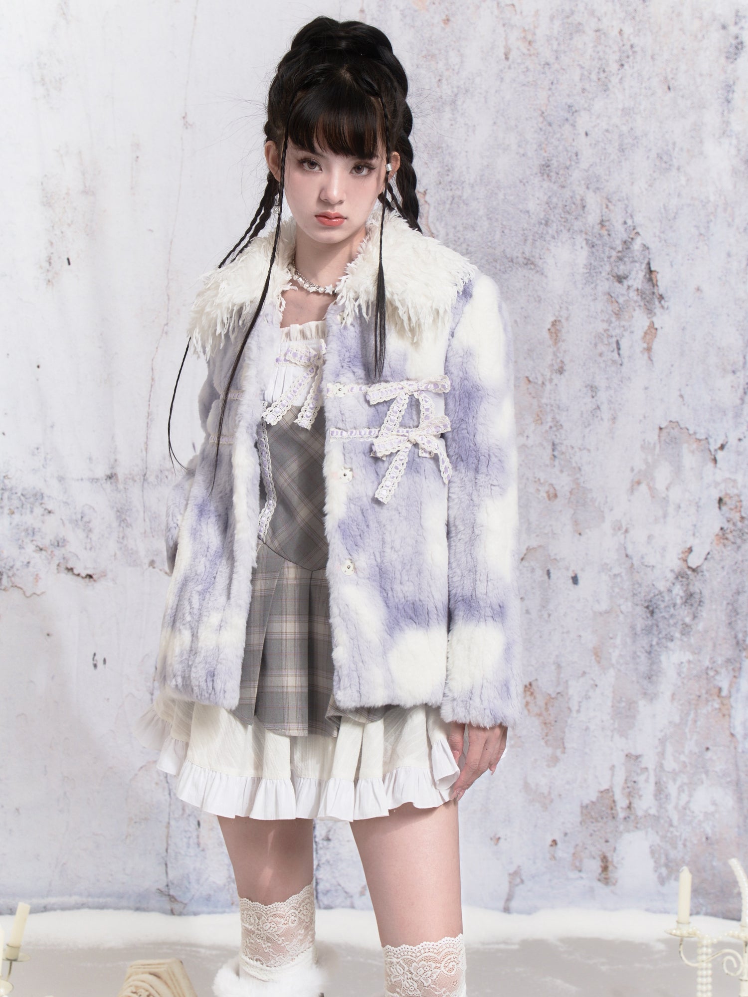 Ribbon Tie-dye Stitching Fur Jacket